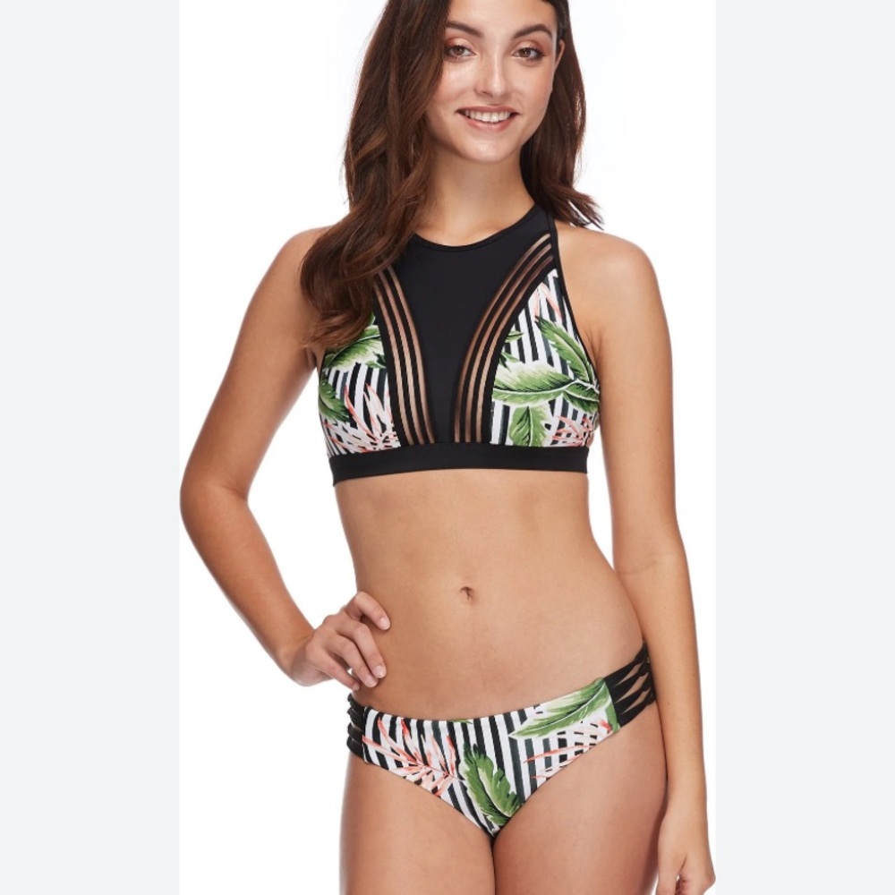 Body Glove High Neck Mesh Floral Stripe Bikini Set